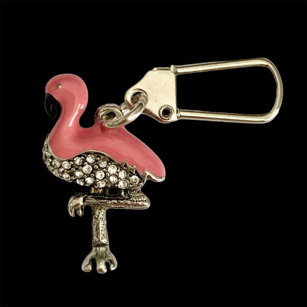 Pink Flamingo Bird Zipper Pull Clip On Purse Charm Backpack Silver Plated Island - Picture 2 of 9